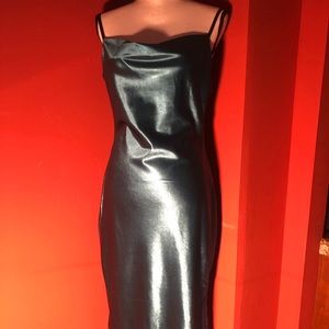 Green satin midi dress with draped top